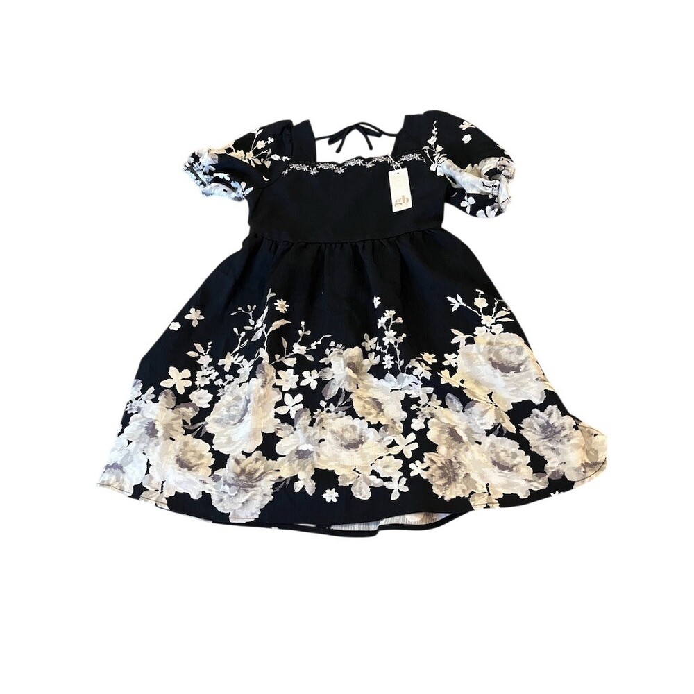 GB Girls Dress Size 10 Black Floral Fit & Flare Knee Tie Back Puff Sleeve